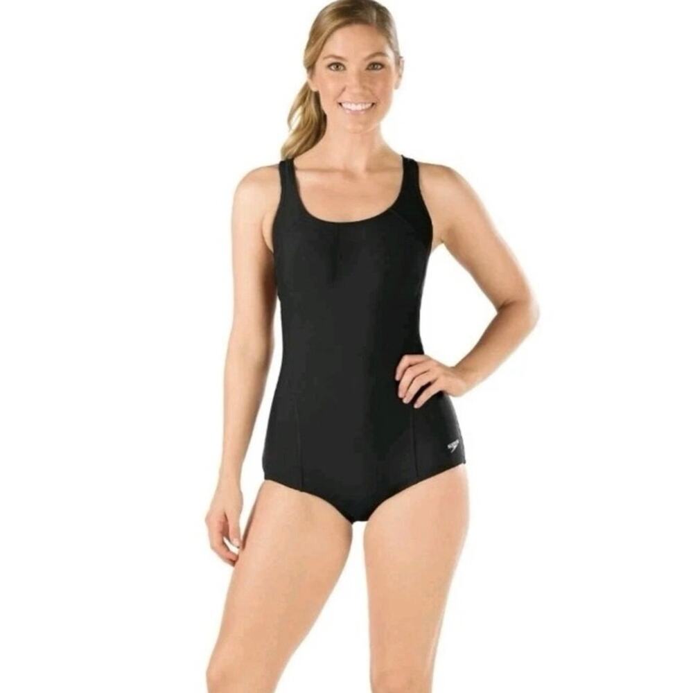 Speedo Princess Seam PowerFlex Ultraback Swimsuit Size 8 Solid Black UPF 50 EUC